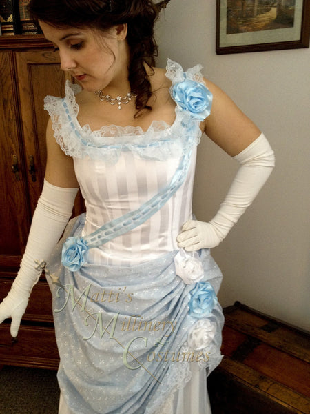 1880s Steampunk Opera Evening Ball gown with train and flowers CLOSEOUT White Bridal Victorian Bustle