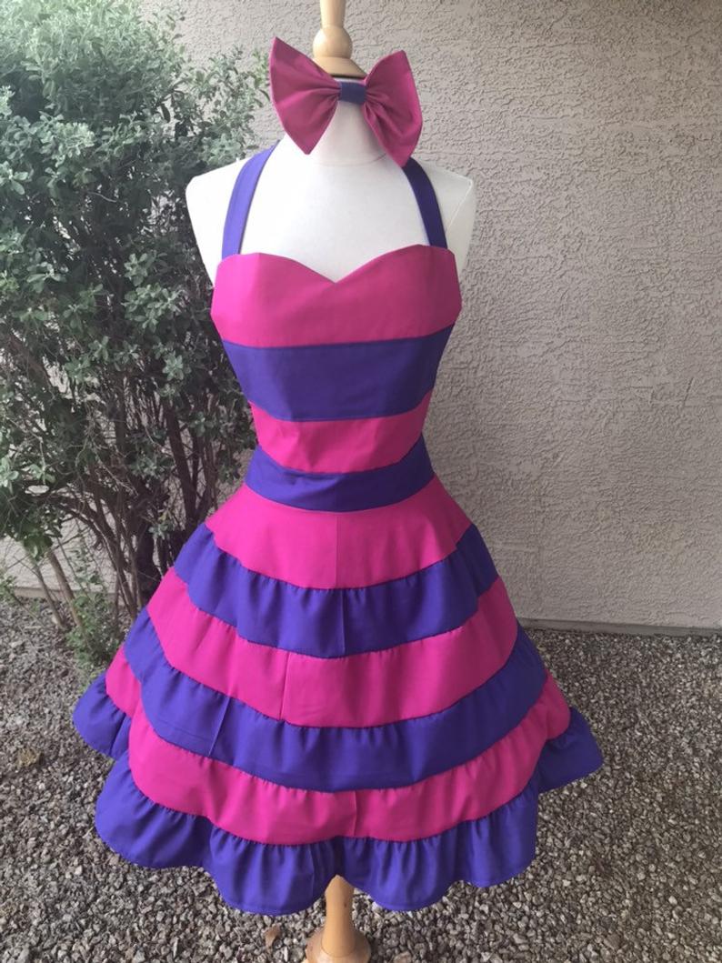 pink and purple striped dress cheshire cat Cheshire Cat Striped Pink Purple Spandex Dress, Woman Halloween Costume, Pink Purple Striped Cat Cosplay Outfit Party