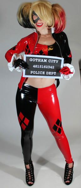 Harley Quinn Costume Leggings in Stretch Gloss Black and Red Vinyl PVC