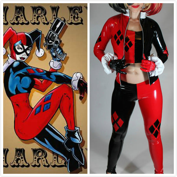 Harley Quinn Costume Leggings in Stretch Gloss Black and Red Vinyl PVC