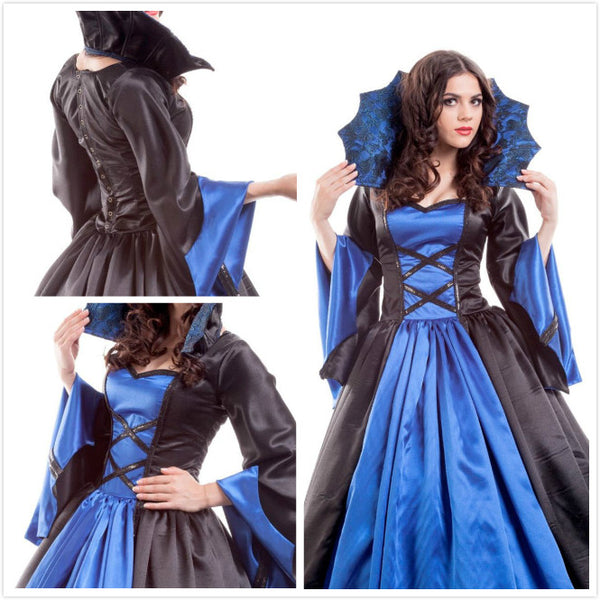 An elegant blue and black satin vampire costume dress perfect for Halloween or any costume party Vampire Queen women's costume XS size 2