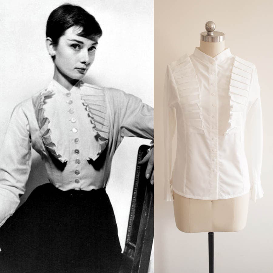 White pleated Shirt 1950s blouse Roman Holiday Custom made blouse Gift for her Audrey Hepburn blouse White Ruffle Blouse Women shirt