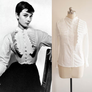 White pleated Shirt 1950s blouse Roman Holiday Custom made blouse Gift for her Audrey Hepburn blouse White Ruffle Blouse Women shirt