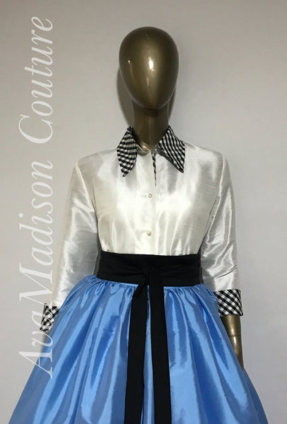 Three Quarter Length Sleeves Women Handmade AvaJulia SHIRT Pointed collar in black Gingham.