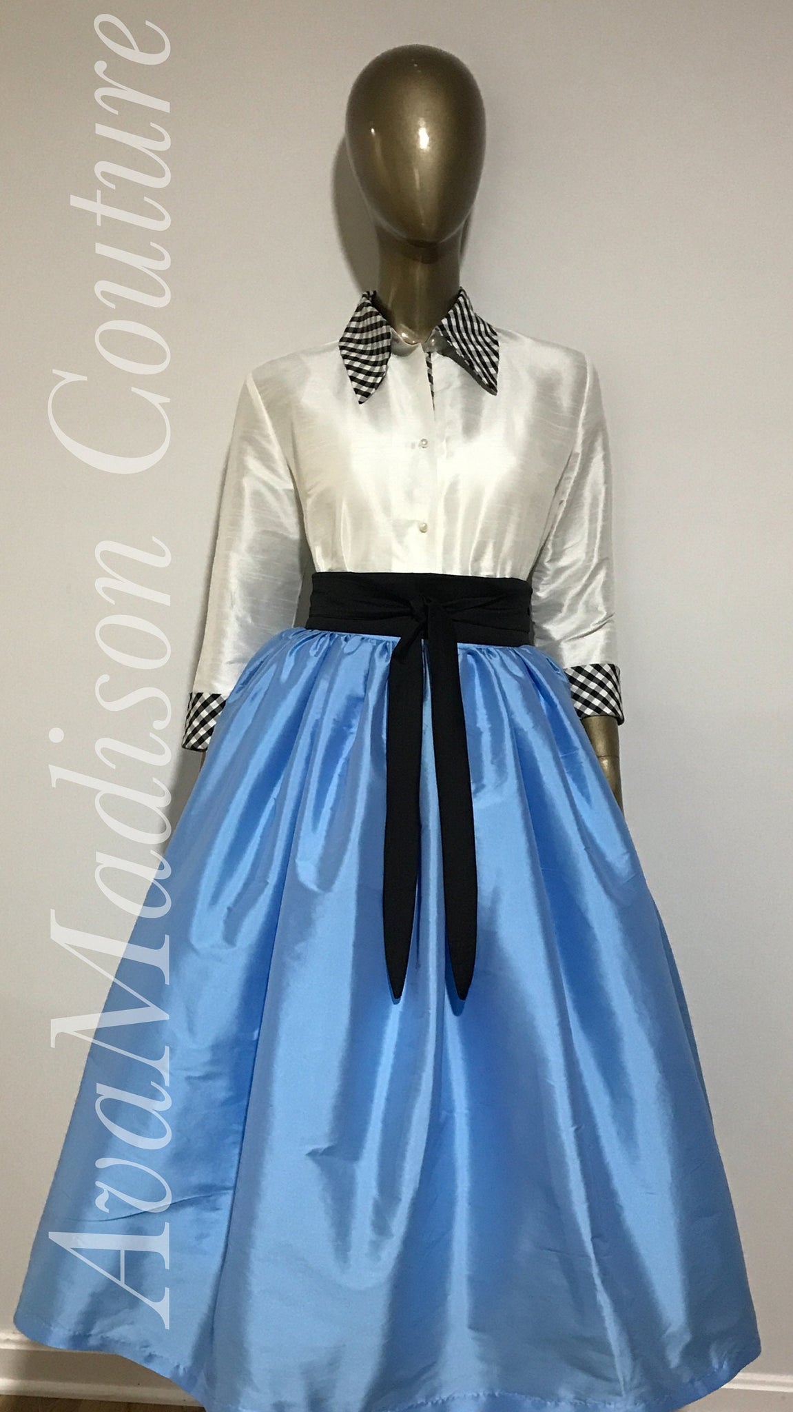 Three Quarter Length Sleeves Women Handmade AvaJulia SHIRT Pointed collar in black Gingham.