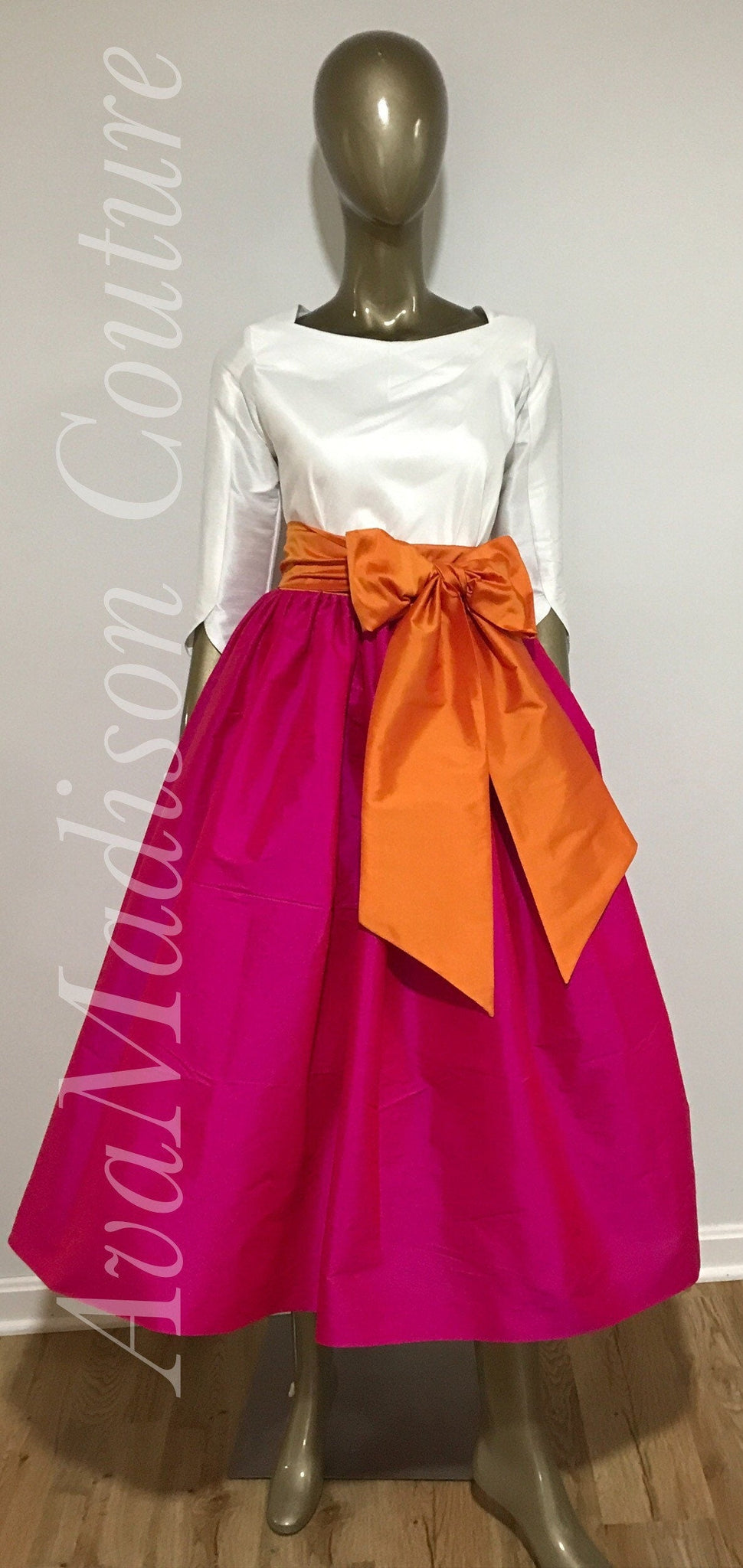 Petticoat Contrast Sash Waistband Pockets Womens Handmade Other Colors available AvaRae MIDI Skirt in Fine Indian Silk Taffeta Skirt