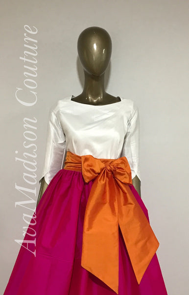 Petticoat Contrast Sash Waistband Pockets Womens Handmade Other Colors available AvaRae MIDI Skirt in Fine Indian Silk Taffeta Skirt