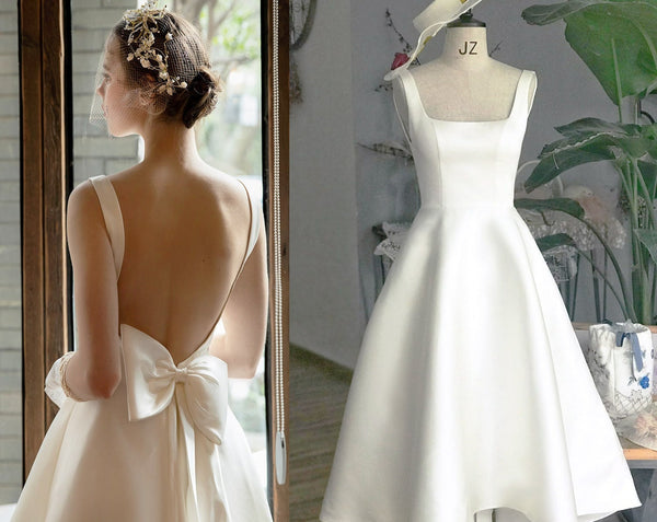 Simple wedding dress open back dress short wedding dress modern bridal dress Custom wedding gown Audrey hepburn Backless Wedding dress