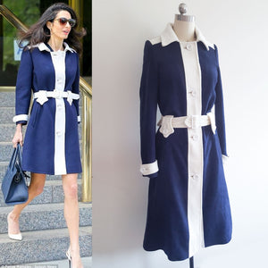 Blue and White Coat Wool Coat Winter coat Celebrity Coat Custom made coat Amal Clooney Vintage Coat Inspired 1960s Coat