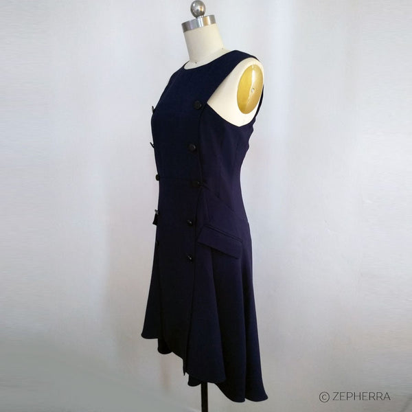 Double breasted sleeveless dress asymmetrical hem dress hi low hem navy dress Custom made Blue crepe dress inspired by Meghan Markle