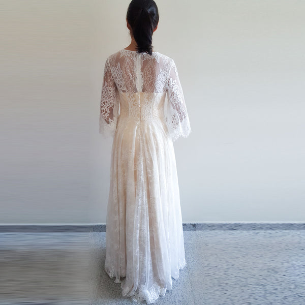 Long sleeve lace wedding dress/ dramatic bell sleeve wedding gown/ Boho bridal dress/ Custom made/Bohemian elopement lace wedding dress
