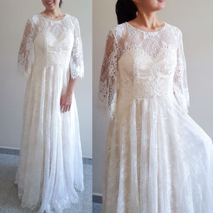 Long sleeve lace wedding dress/ dramatic bell sleeve wedding gown/ Boho bridal dress/ Custom made/Bohemian elopement lace wedding dress
