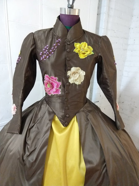 With heavy floral decoration Brown silk dress