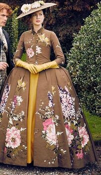 With heavy floral decoration Brown silk dress
