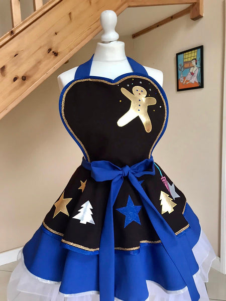 Festive Brown and Royal Blue Christmas Apron Cosplay Costume