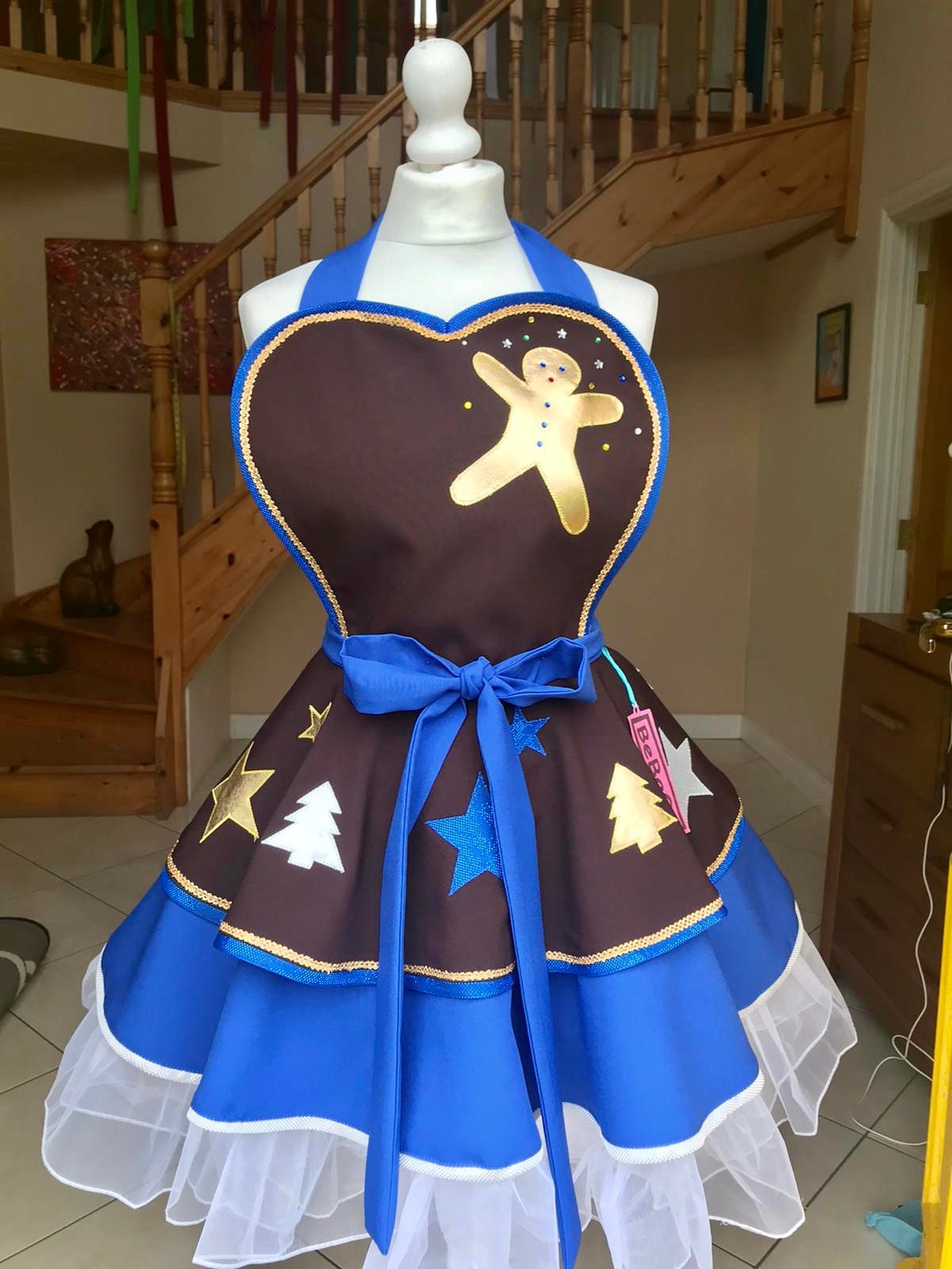 Festive Brown and Royal Blue Christmas Apron Cosplay Costume