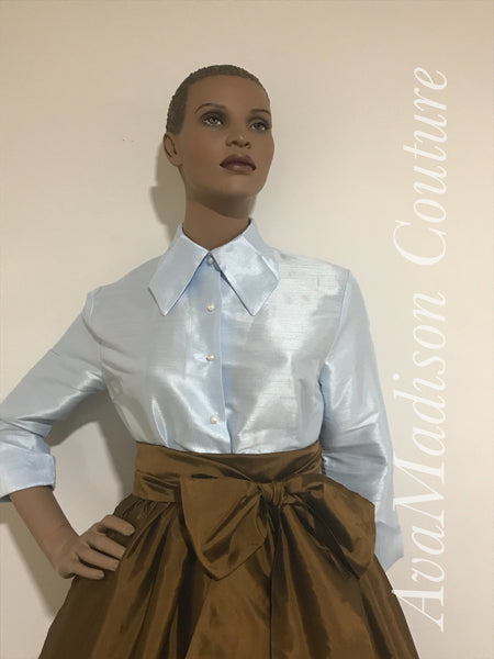 Three Quarter Length Sleeves Women Handmade Classic Tailored SHIRT Pleated Collar
