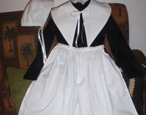 Costume for Teens Adults Dress Apron Collar Coif 1770s 4 Pc Colonial Early American Pioneer Pilgrim