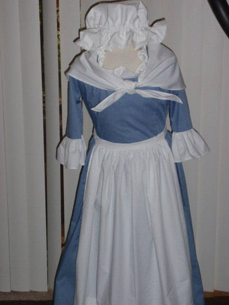 Apron Shawl Mob Cap Outfit Costume for Teens Adults 1700s 4 Pc Colonial Work Dress