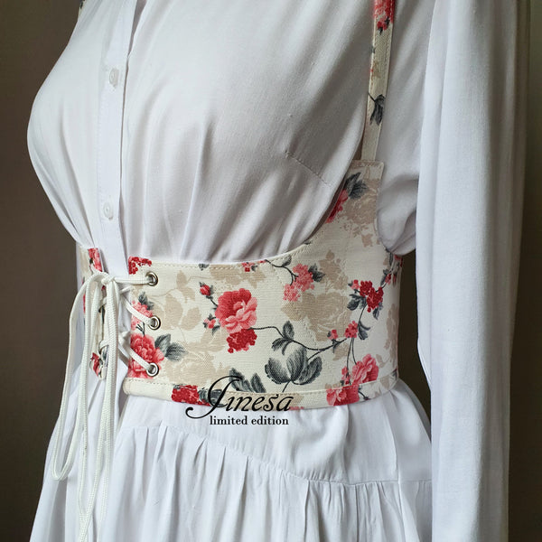 Wedding cosplay renaissance Gift for her Corset vest tapestry with floral print on the straps Waist corset for prom