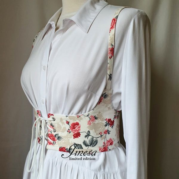 Wedding cosplay renaissance Gift for her Corset vest tapestry with floral print on the straps Waist corset for prom