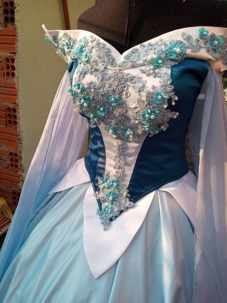 Sleeping Beauty princess hoopskirt Cosplay Aurora Blue dress costume adult