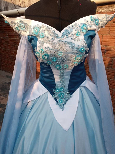 Sleeping Beauty princess hoopskirt Cosplay Aurora Blue dress costume adult