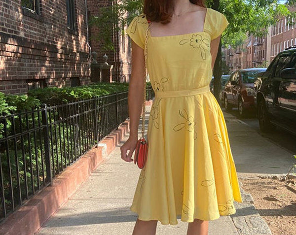 Movie dress Mia Yellow Floral Dress 60s dress Swing dress vintage 60s dress custom made dress Emma Stone inspired yellow swing dress