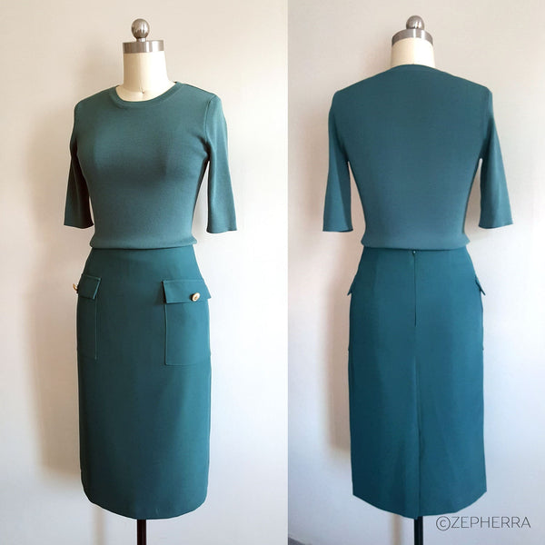 Knit top and skirt Ireland tour outfit Duchess of Sussex Meghan Markle green knit ensemble Fitted dress Office 2 piece separates