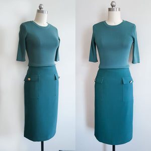 Knit top and skirt Ireland tour outfit Duchess of Sussex Meghan Markle green knit ensemble Fitted dress Office 2 piece separates