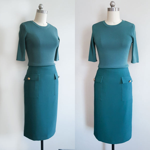 Knit top and skirt Ireland tour outfit Duchess of Sussex Meghan Markle green knit ensemble Fitted dress Office 2 piece separates
