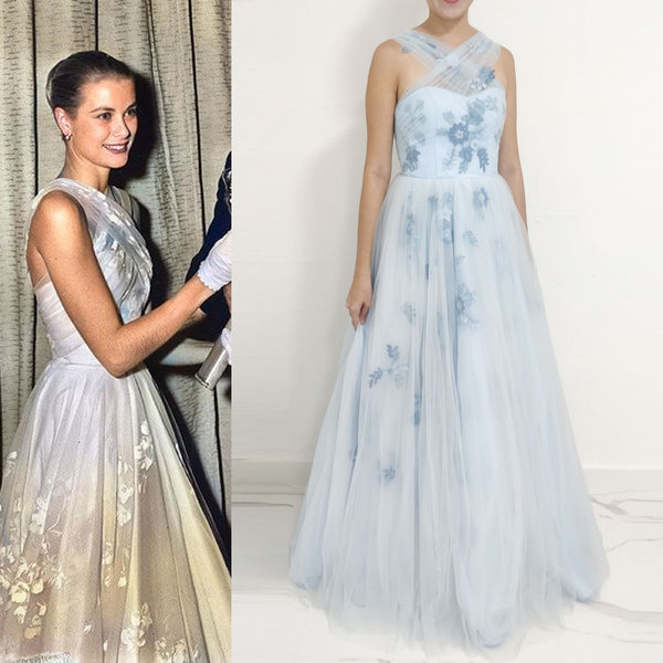 Fit and flare 50s gown Custom wedding gown Vintage inspired Academy awards Grace Kelly 1956 Oscar Dress Wedding gown Light blue gown