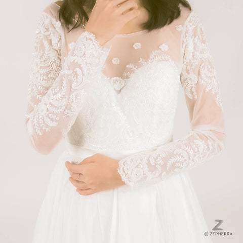 Long sleeve lace wedding dress Boho Wedding Dress Bohemian wedding dress Lace wedding dress Illusion neckline beaded wedding dress
