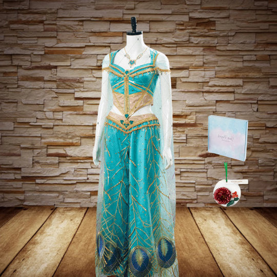 Costume for Women Teal Peacock Dress Halloween Cos Costume Christmas Easter Holiday Matsuri Jasmine Princess Dress Aladdin Costume Movie