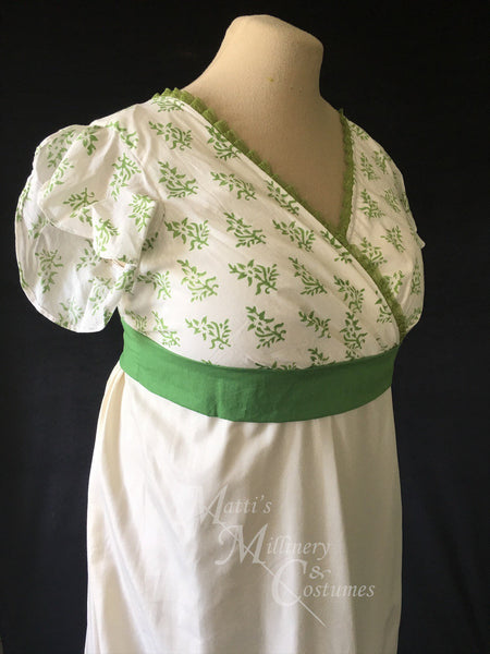 Jane Austen Day Dress Gown Green Illusion Block Print Cotton Regency