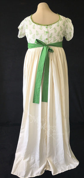 Jane Austen Day Dress Gown Green Illusion Block Print Cotton Regency