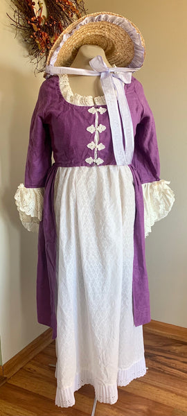 1790s Jane Austen Day Dress Open Robe Pelisse, Underdress and hat 3 PC SALE Purple Linen White Organdy Cotton Regency