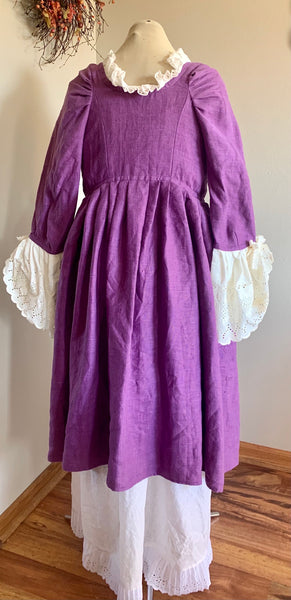 1790s Jane Austen Day Dress Open Robe Pelisse, Underdress and hat 3 PC SALE Purple Linen White Organdy Cotton Regency
