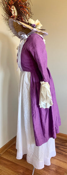 1790s Jane Austen Day Dress Open Robe Pelisse, Underdress and hat 3 PC SALE Purple Linen White Organdy Cotton Regency
