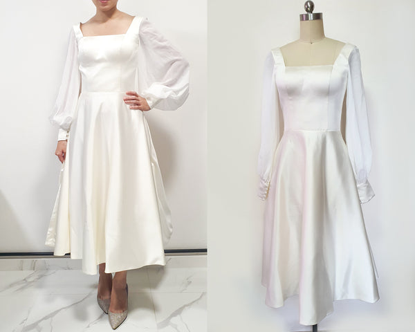 Open back dress short bridal gown long sleeve modern gown Custom wedding gown Juliet sleeve Wedding dress A line backless wedding dress