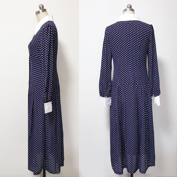 Long sleeve retro polka dot dress 1940s style Kate Middleton polka dot navy blue dress duchess of cambridge Midi polka dot shirtdress
