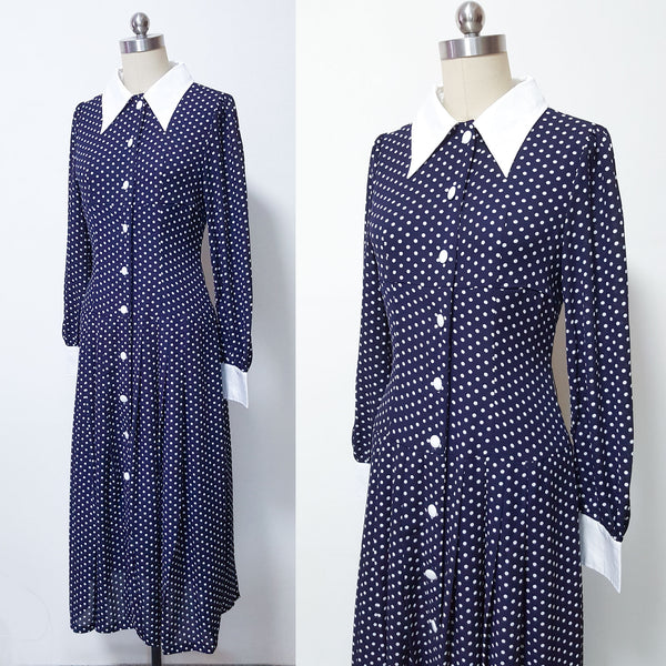 Long sleeve retro polka dot dress 1940s style Kate Middleton polka dot navy blue dress duchess of cambridge Midi polka dot shirtdress