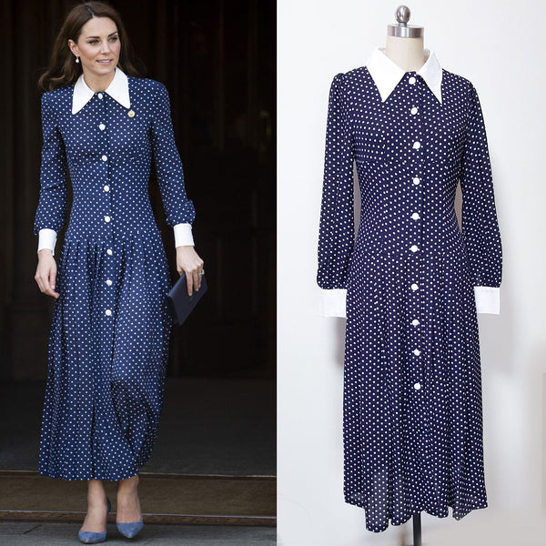 Long sleeve retro polka dot dress 1940s style Kate Middleton polka dot navy blue dress duchess of cambridge Midi polka dot shirtdress