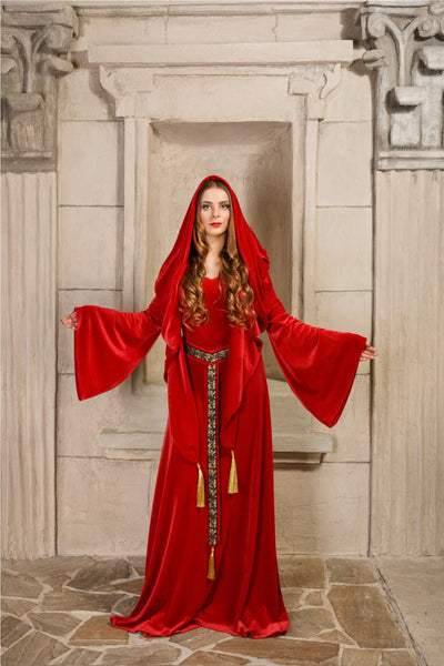 A luxurious Game of Thrones reproduction made of bright red velvet Lady Melisandre Elven dress