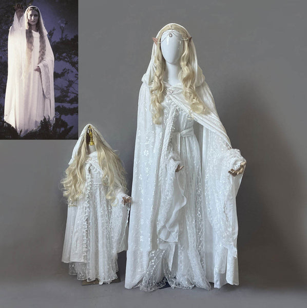 Elven dress cape robe hood white lace Lord of the Rings fairy elf dress Galadriel dress
