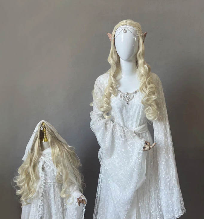 Elven dress cape robe hood white lace Lord of the Rings fairy elf dress Galadriel dress