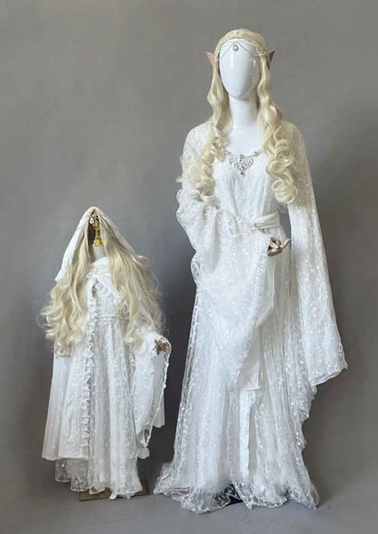Elven dress cape robe hood white lace Lord of the Rings fairy elf dress Galadriel dress