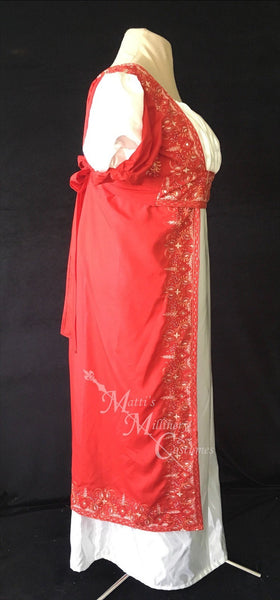 In red silk embroidered sari and ivory satin Madeline Regency Ball Dress