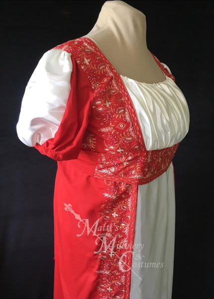 In red silk embroidered sari and ivory satin Madeline Regency Ball Dress