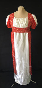 In red silk embroidered sari and ivory satin Madeline Regency Ball Dress